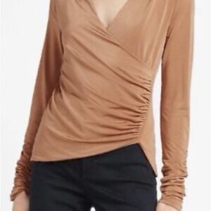 Express Copper Long Sleeve Wrap Top with Ruched Sleeves